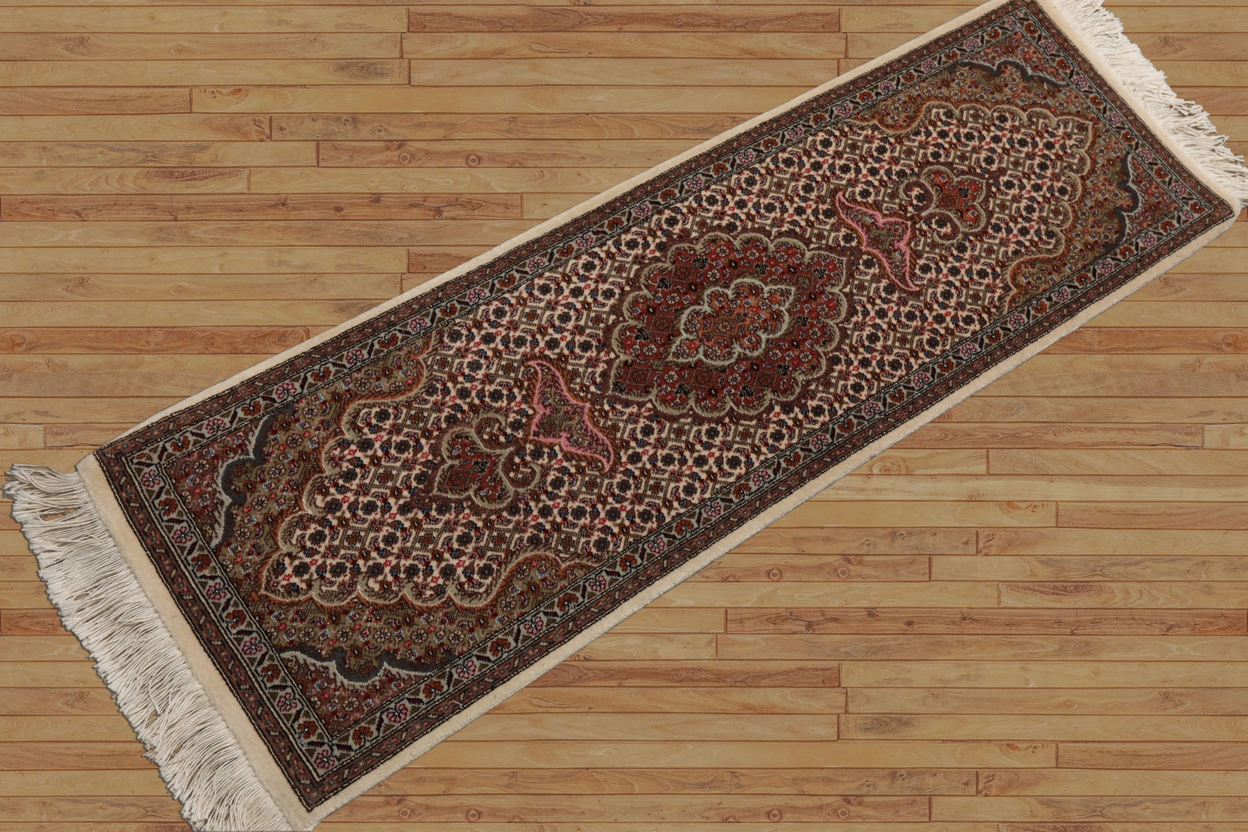 Runner Ivory, Brown, Pink Color Hand Knotted Tabriz Wool & Silk Traditional Oriental Rug