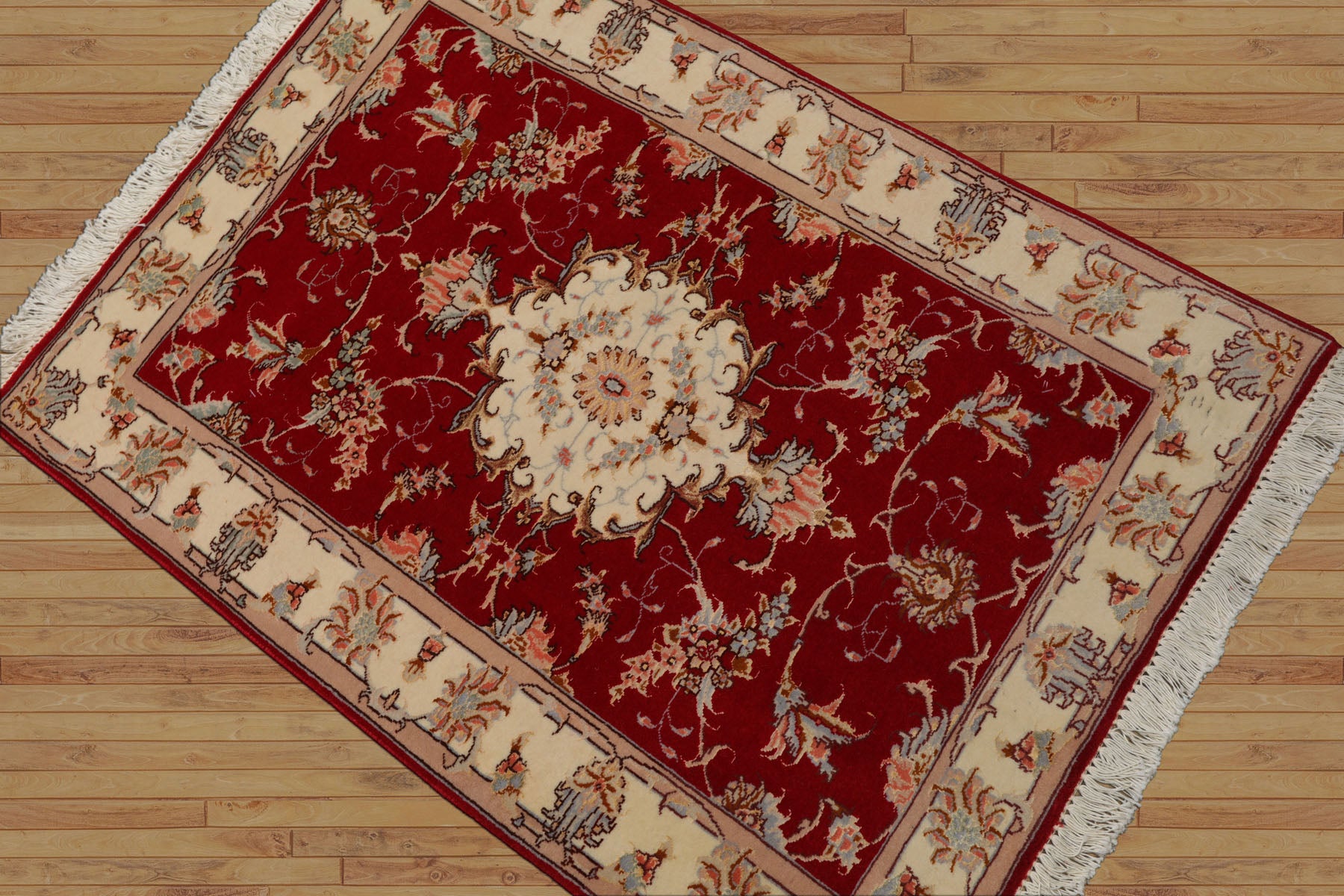 2x3 Red, Ivory, Aqua Color Hand Knotted Tabriz Wool & Silk Traditional Oriental Rug