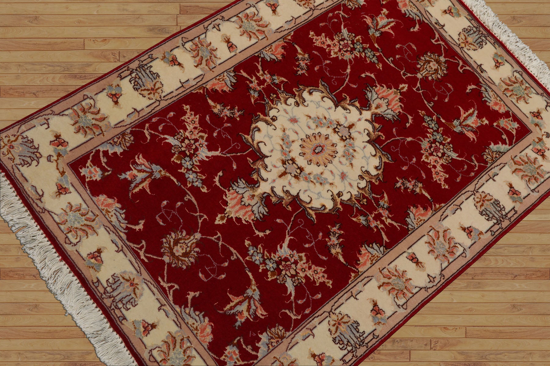 2x3 Red, Ivory, Aqua Color Hand Knotted Tabriz Wool & Silk Traditional Oriental Rug
