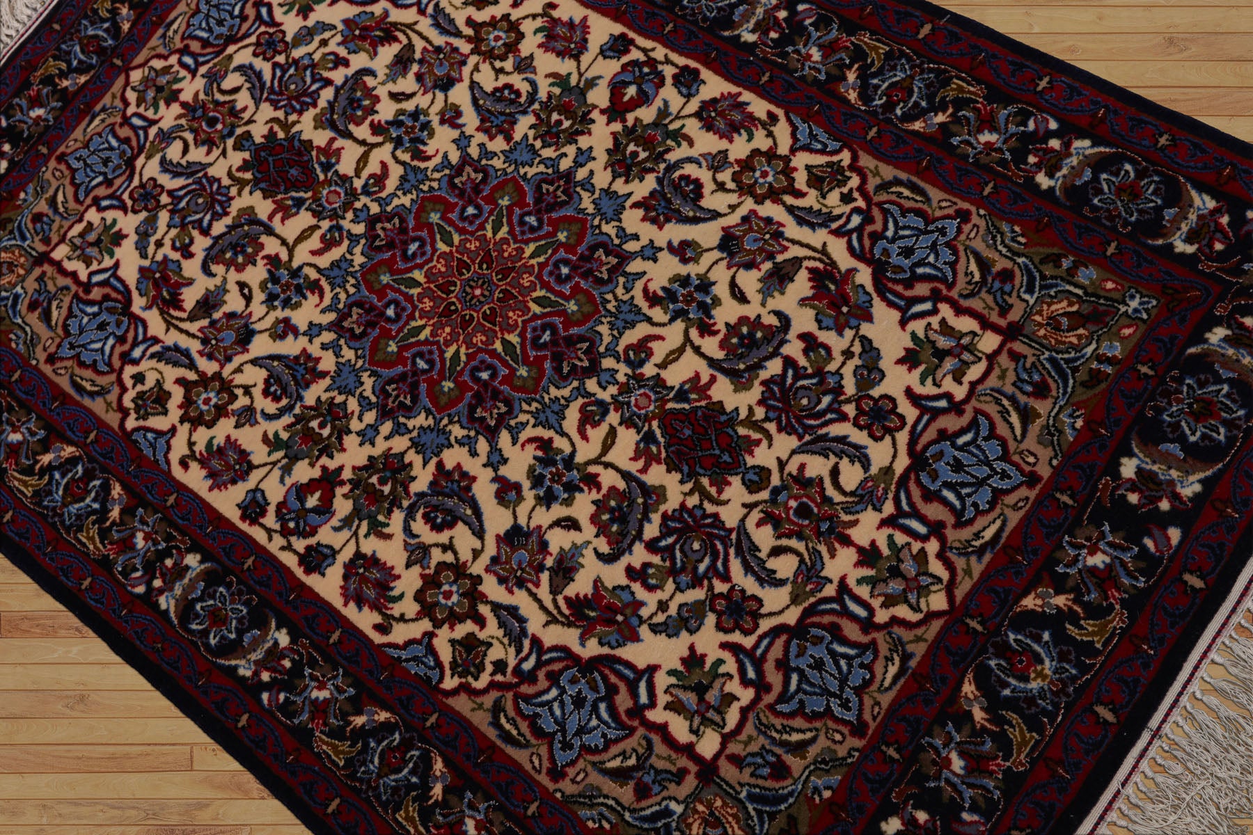 2x3 Beige, Navy, Red Color Hand Knotted Isfahan Wool & Silk Traditional Oriental Rug