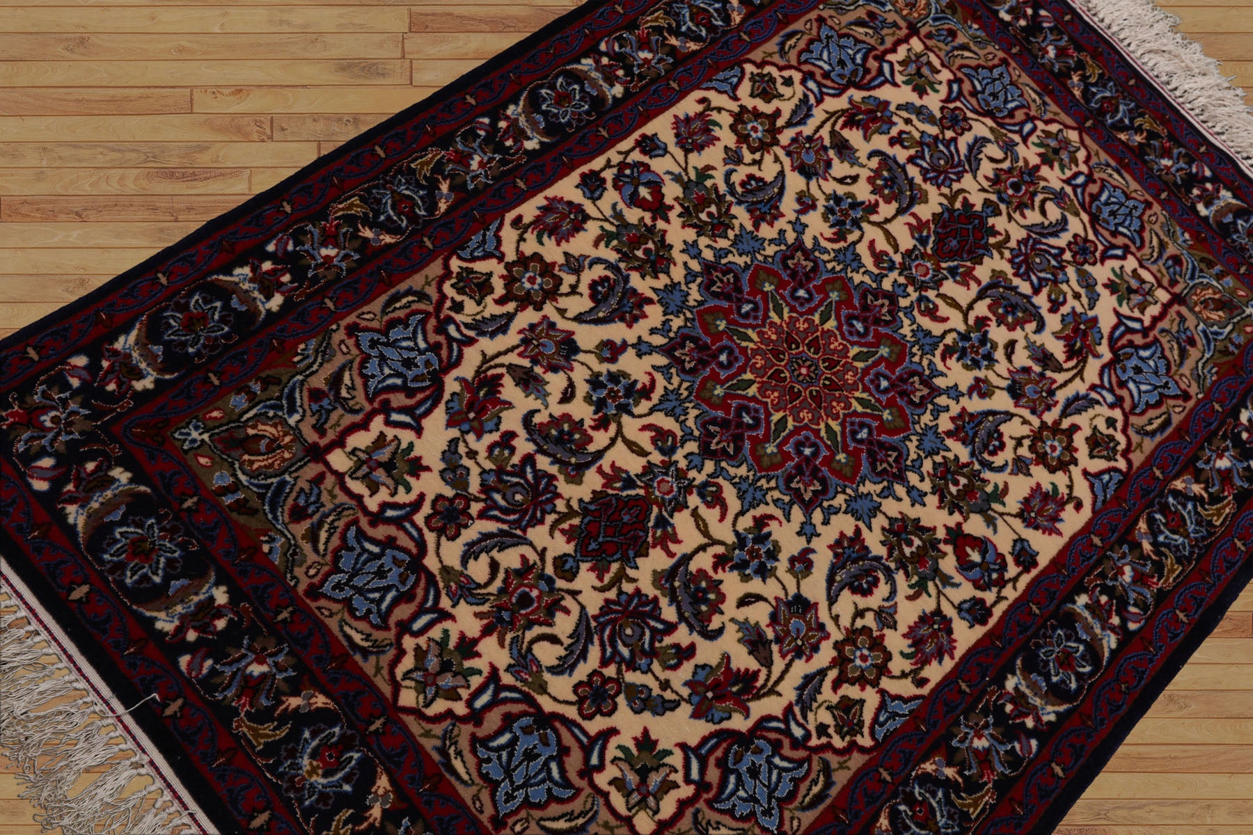 2x3 Beige, Navy, Red Color Hand Knotted Isfahan Wool & Silk Traditional Oriental Rug
