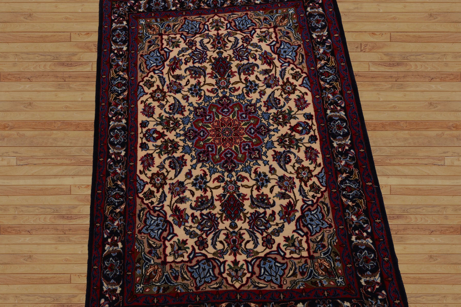 2x3 Beige, Navy, Red Color Hand Knotted Isfahan Wool & Silk Traditional Oriental Rug