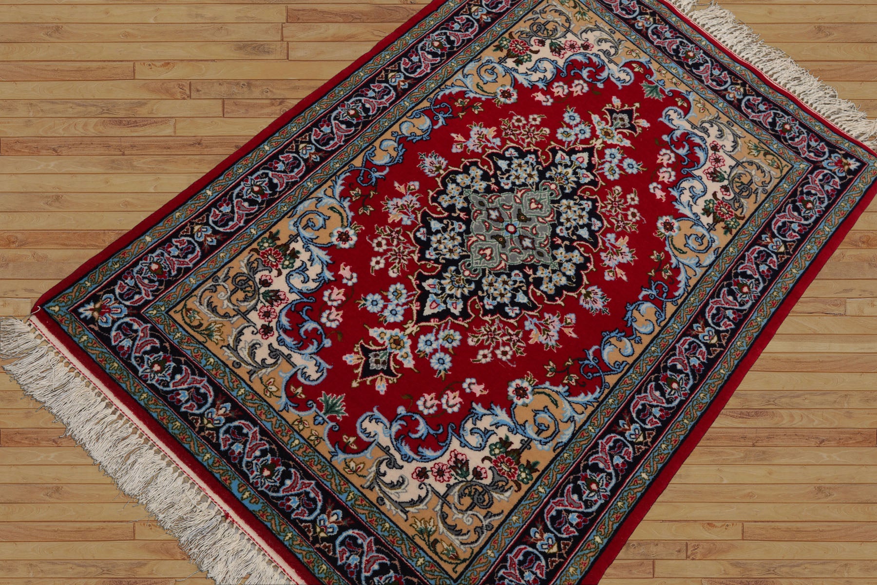 2x3 Red, Blue, Pistacchio Color Hand Knotted Isfahan Wool & Silk Traditional Oriental Rug