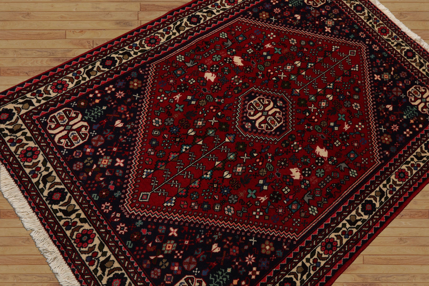 3x5 Red, Ivory, Navy Color Hand Knotted Abadeh Wool Traditional Oriental Rug