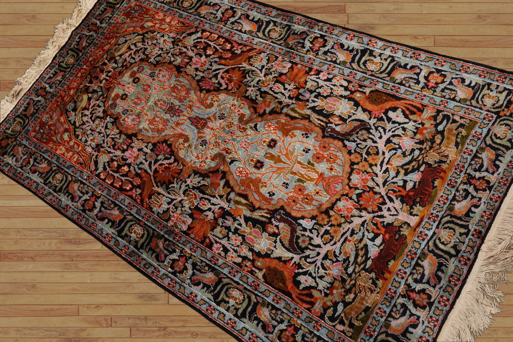 3x5 Black, Orange, Cream Color Hand Knotted Qum All Silk Silk Traditional Oriental Rug