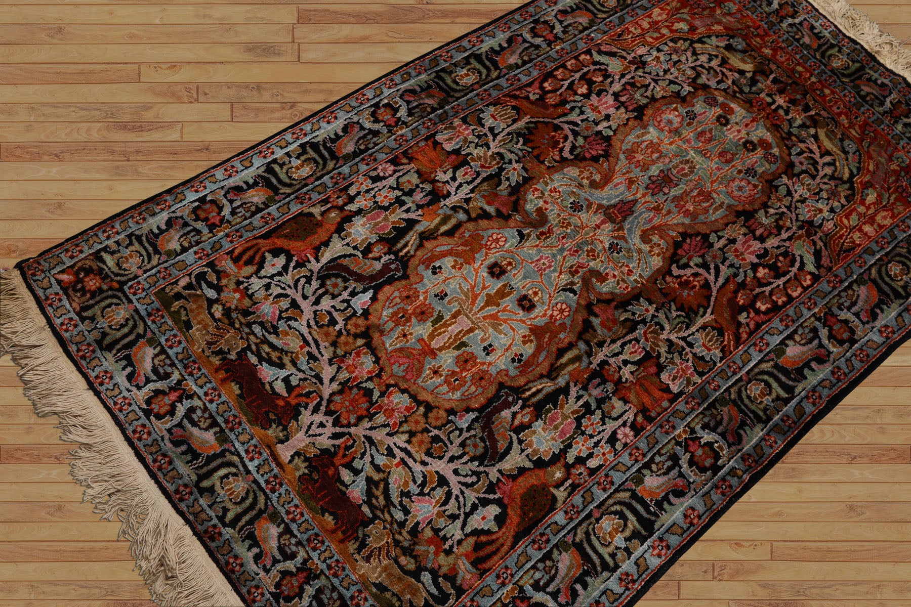 3x5 Black, Orange, Cream Color Hand Knotted Qum All Silk Silk Traditional Oriental Rug