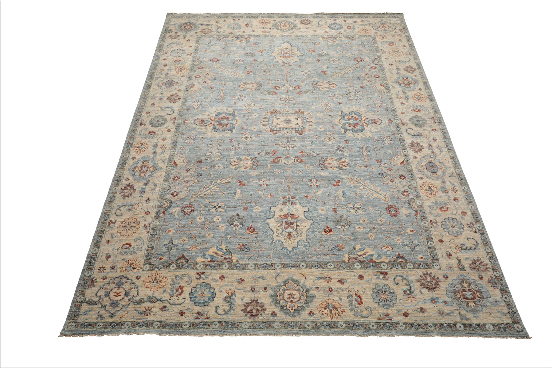 9x12 Blue, Tan, Rust Color Hand Knotted Khyber Wool Traditional Oriental Rug