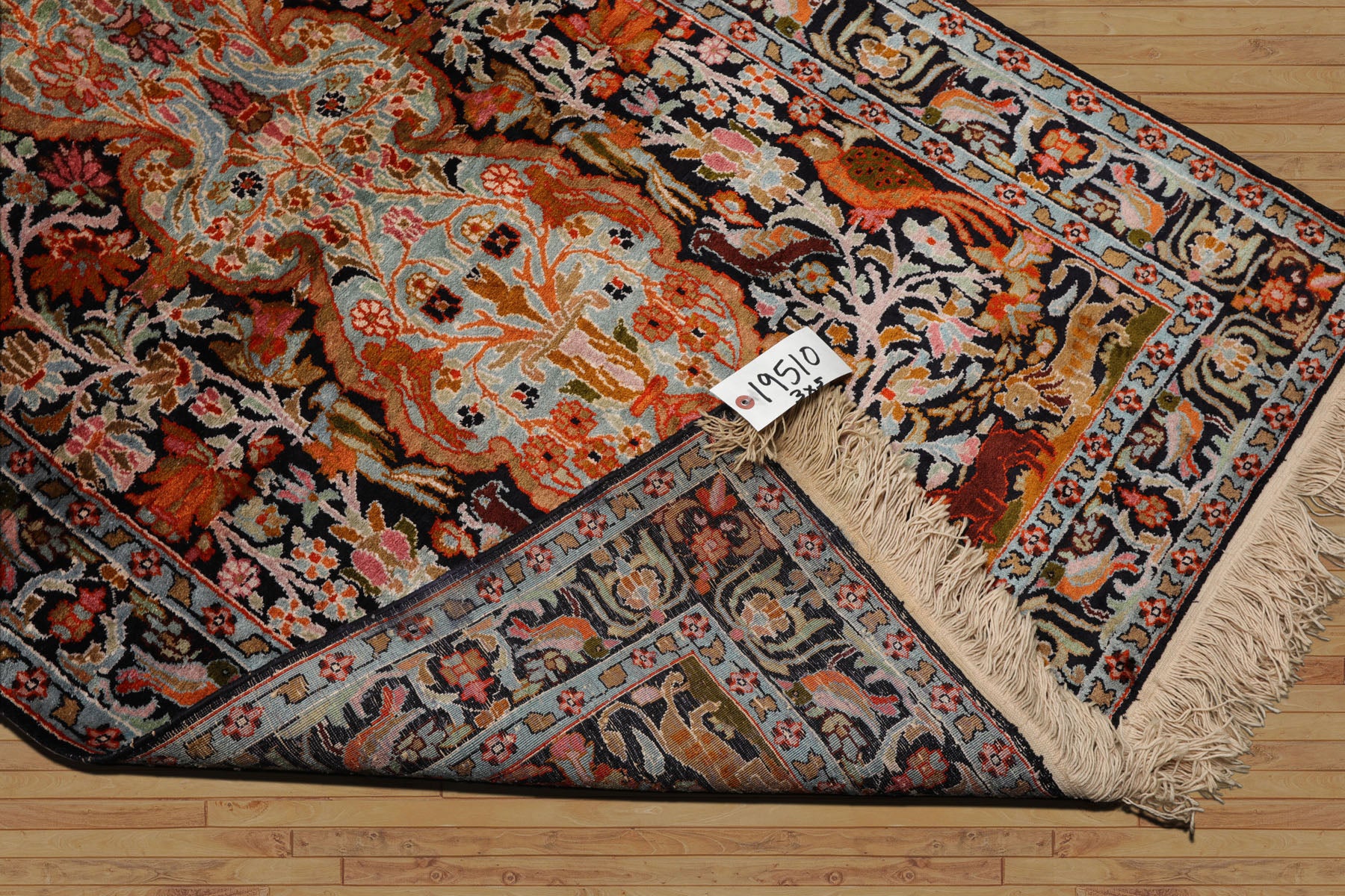 3x5 Black, Orange, Cream Color Hand Knotted Qum All Silk Silk Traditional Oriental Rug