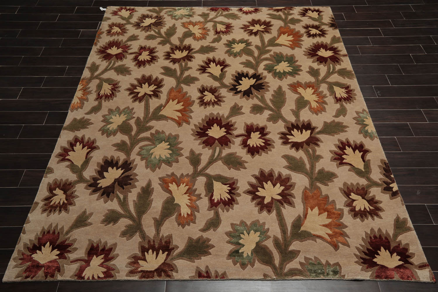 8x10 Beige, Brown, Green Color Hand Knotted Floral Wool & Silk Transitional Oriental Rug