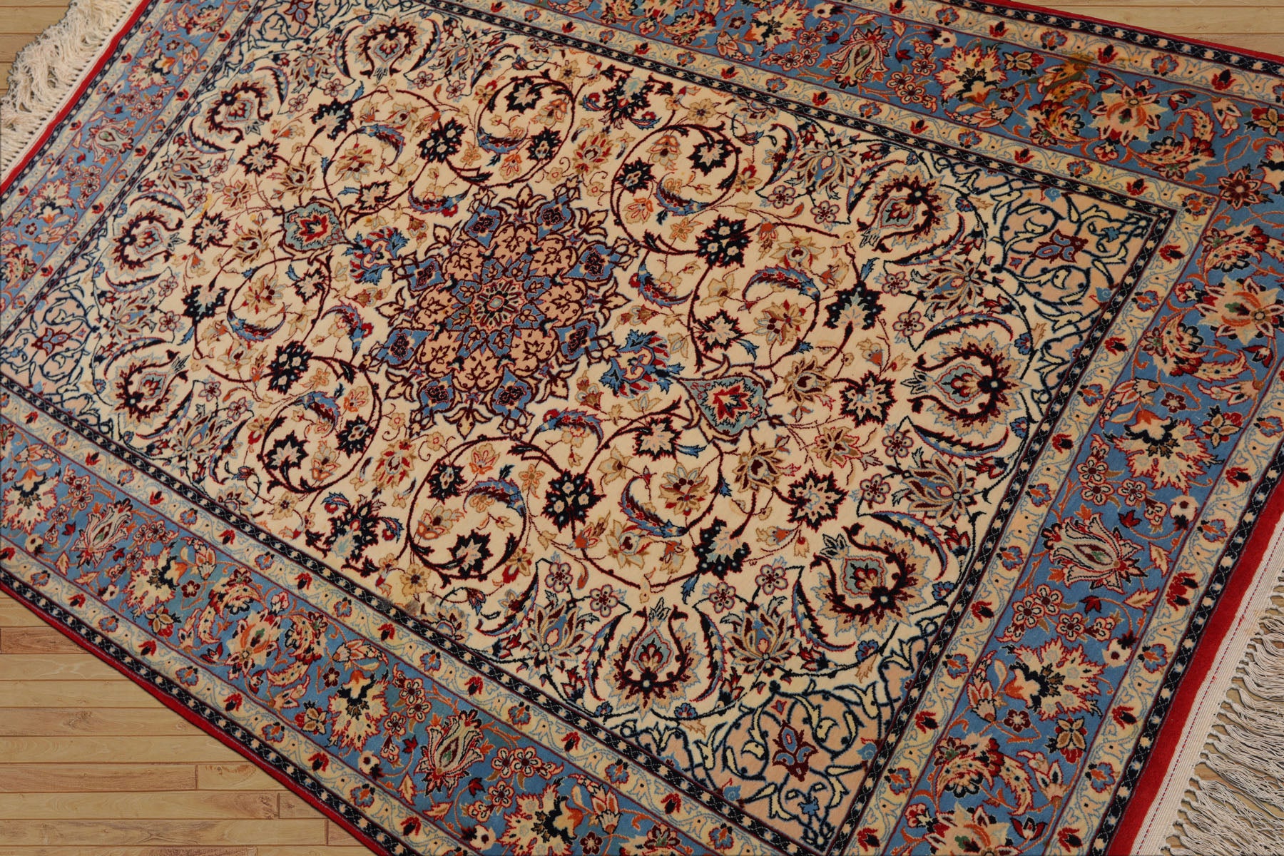 3x5 Ivory, Aqua, Blue Color Hand Knotted Isfahan Wool & Silk Traditional Oriental Rug