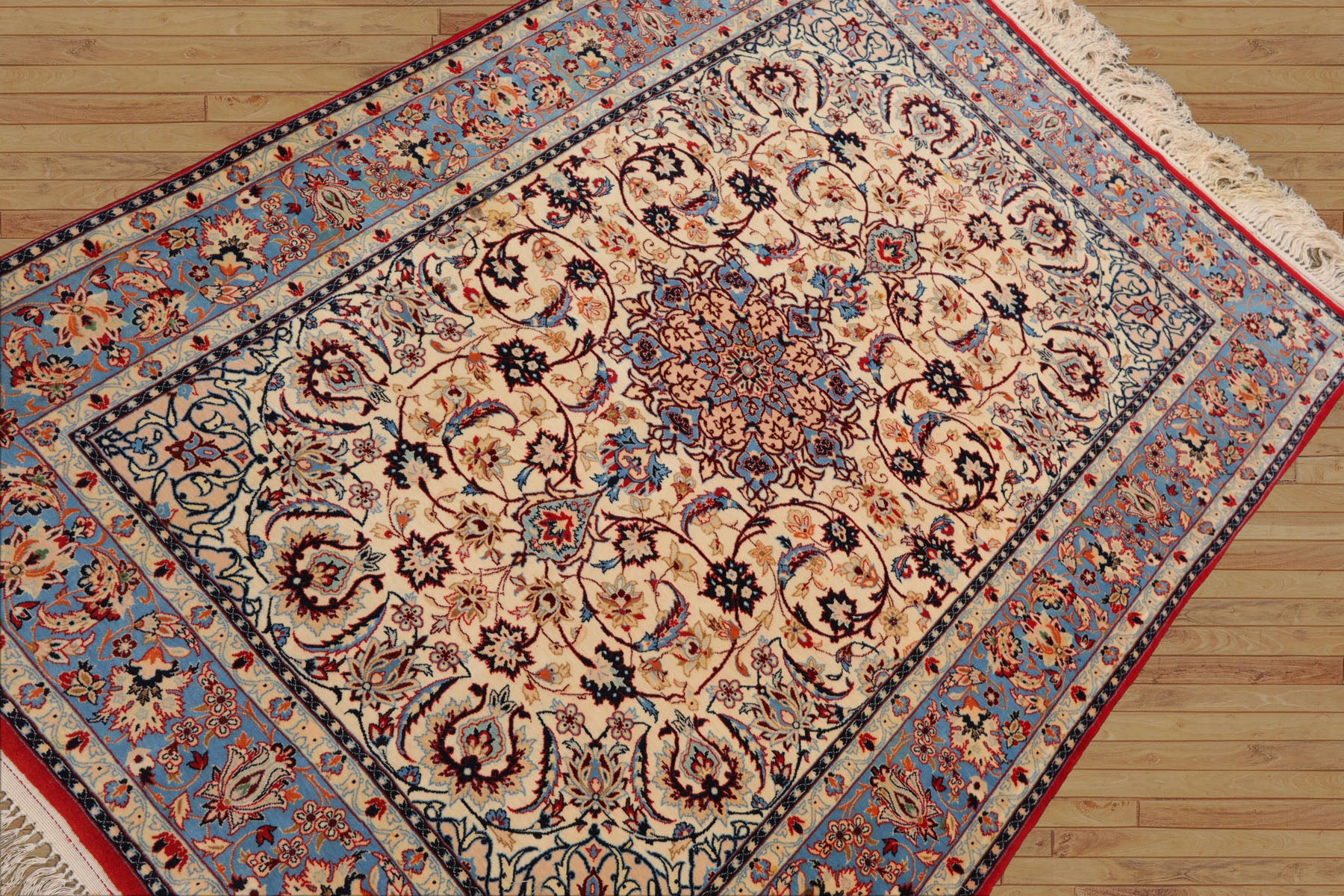 3x5 Ivory, Aqua, Blue Color Hand Knotted Isfahan Wool & Silk Traditional Oriental Rug