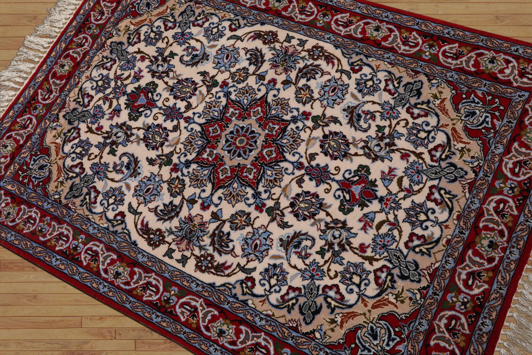 2x3 Ivory, Red, Blue Color Hand Knotted Isfahan Wool & Silk Traditional Oriental Rug