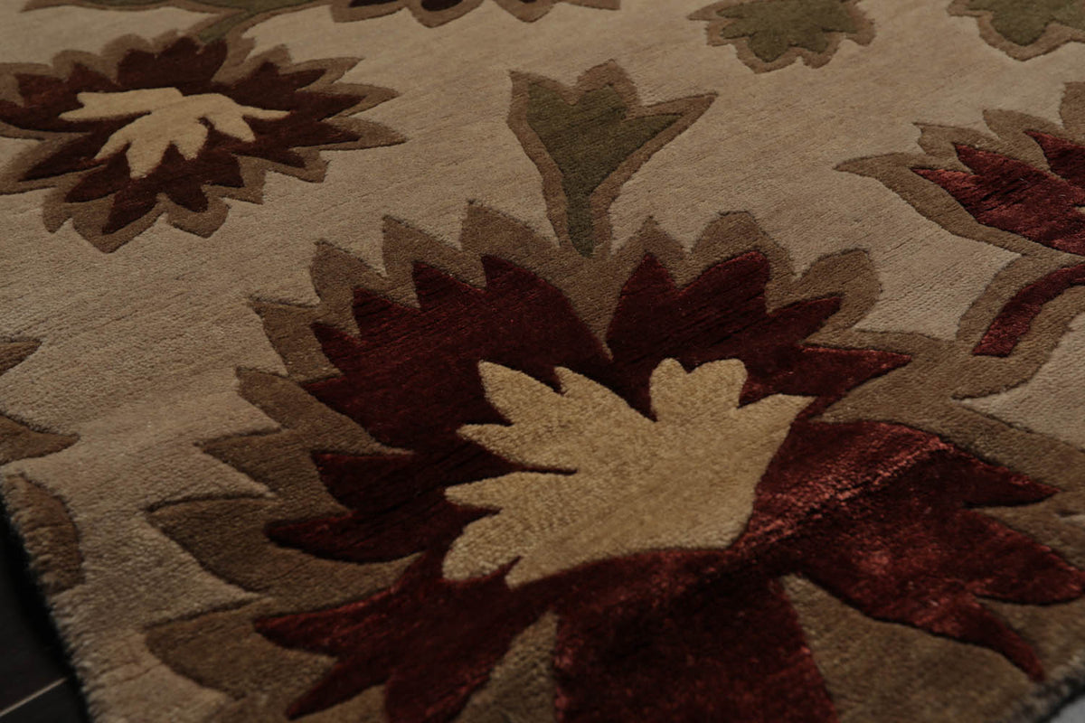 8x10 Beige, Brown, Green Color Hand Knotted Floral Wool & Silk Transitional Oriental Rug