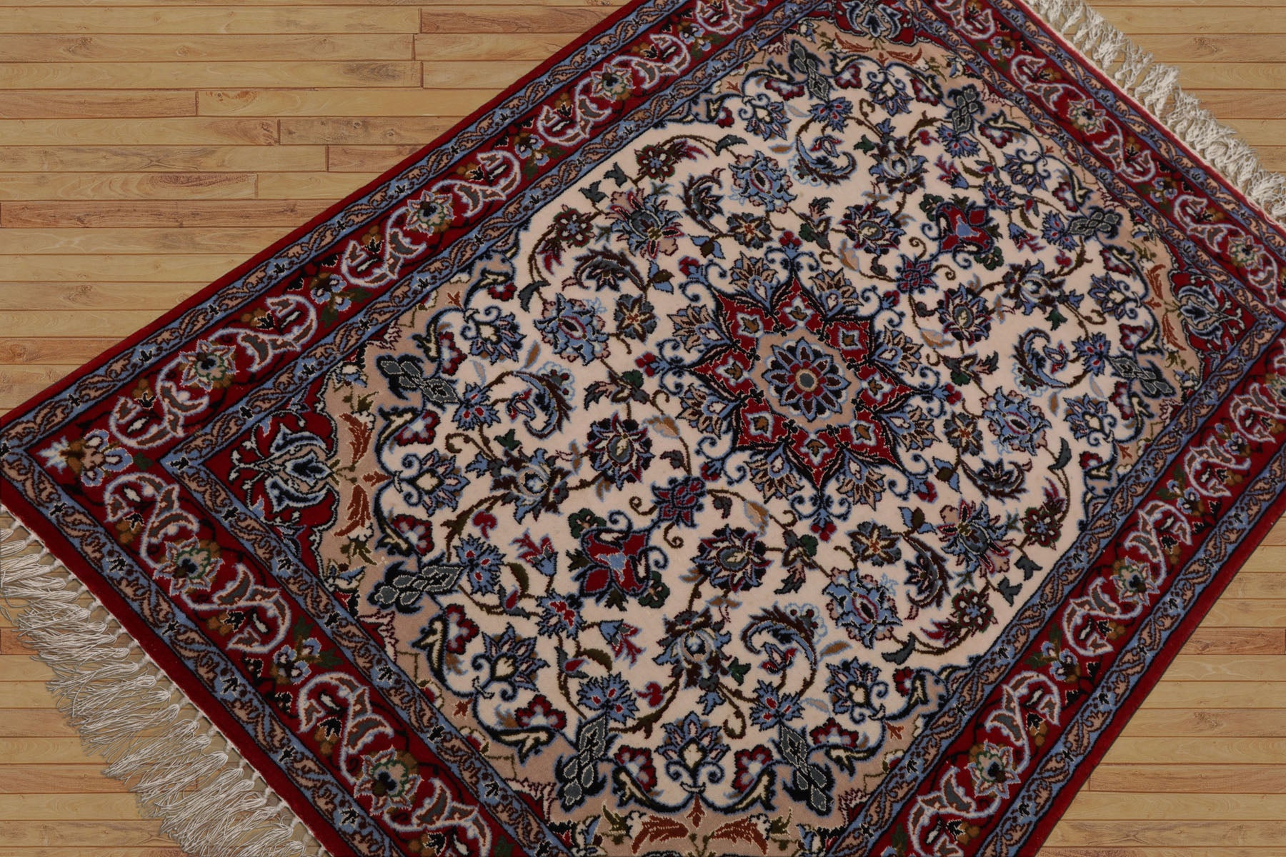 2x3 Ivory, Red, Blue Color Hand Knotted Isfahan Wool & Silk Traditional Oriental Rug