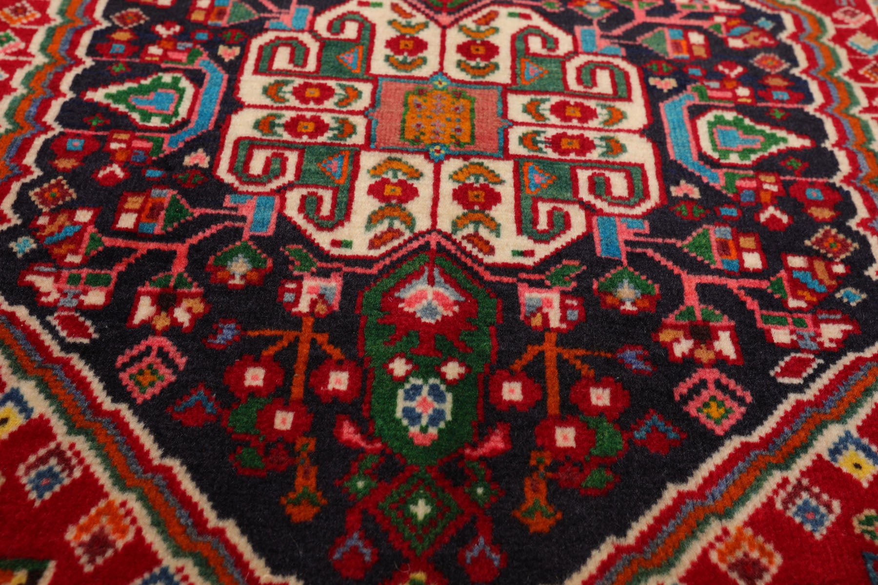 Square Navy, Red, Green Color Hand Knotted Abadeh Wool Traditional Oriental Rug