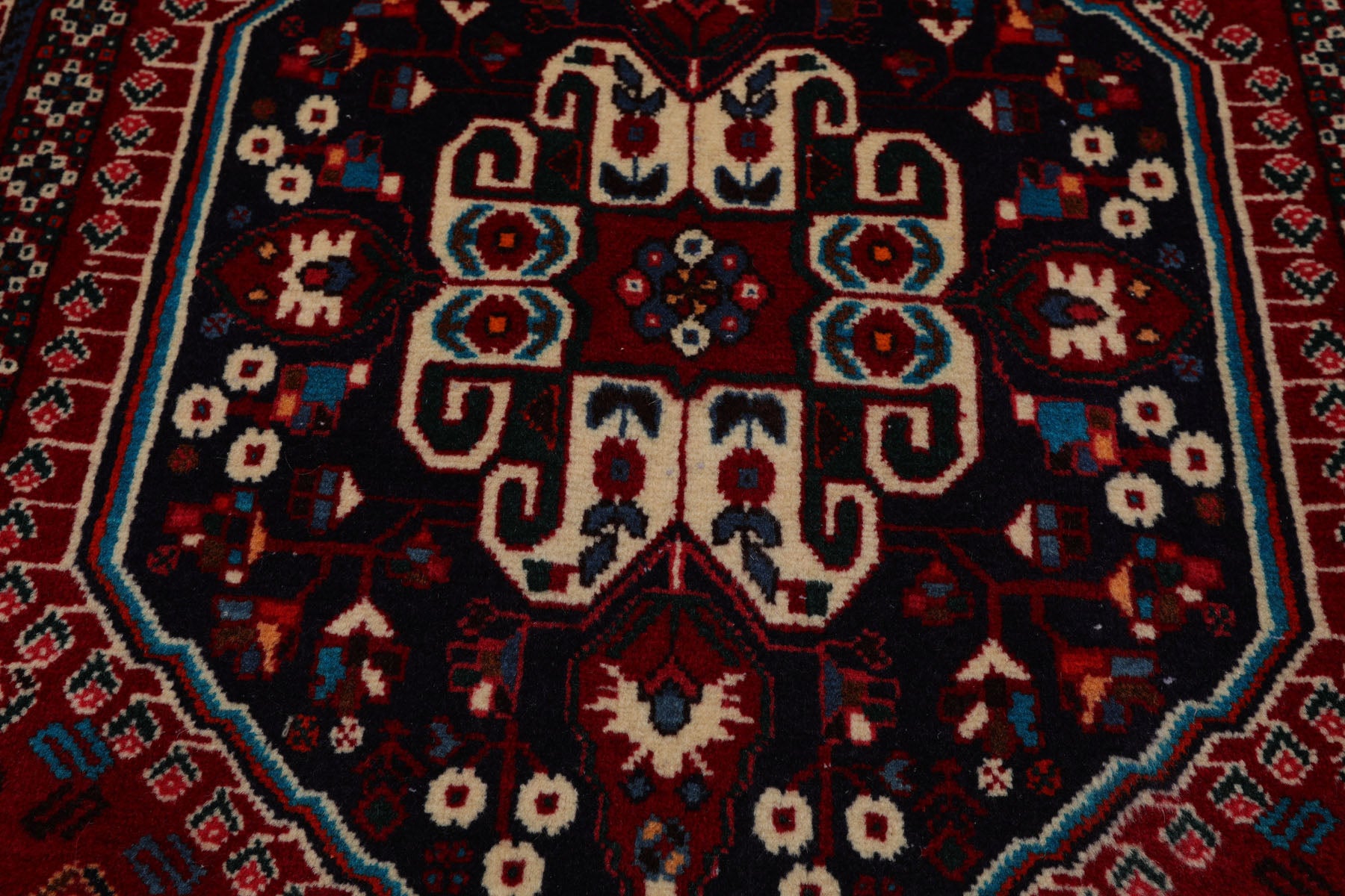Square Navy, Red, Ivory Color Hand Knotted Abadeh Wool Traditional Oriental Rug