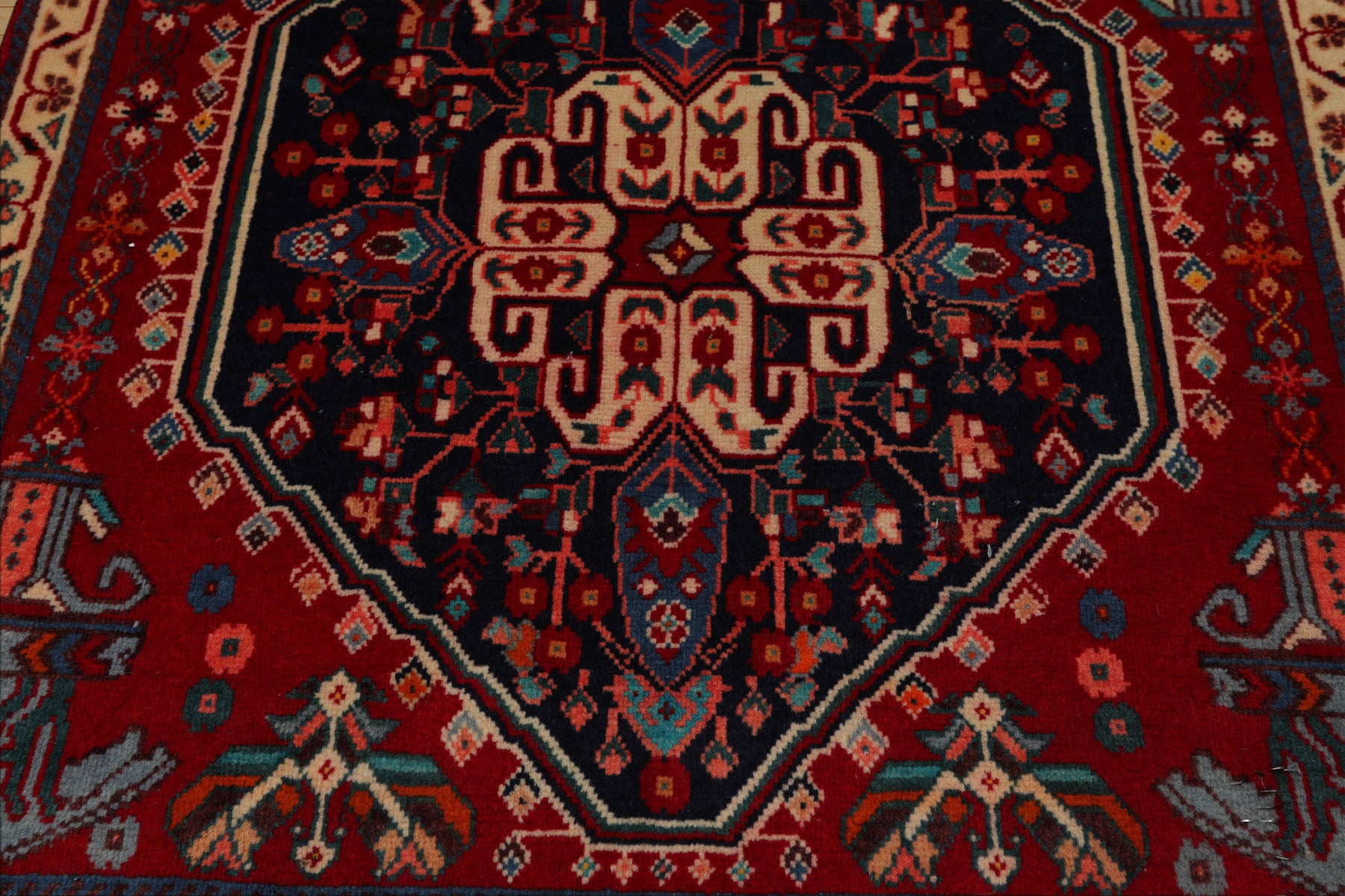 Square Navy, Red, Ivory Color Hand Knotted Abadeh Wool Traditional Oriental Rug