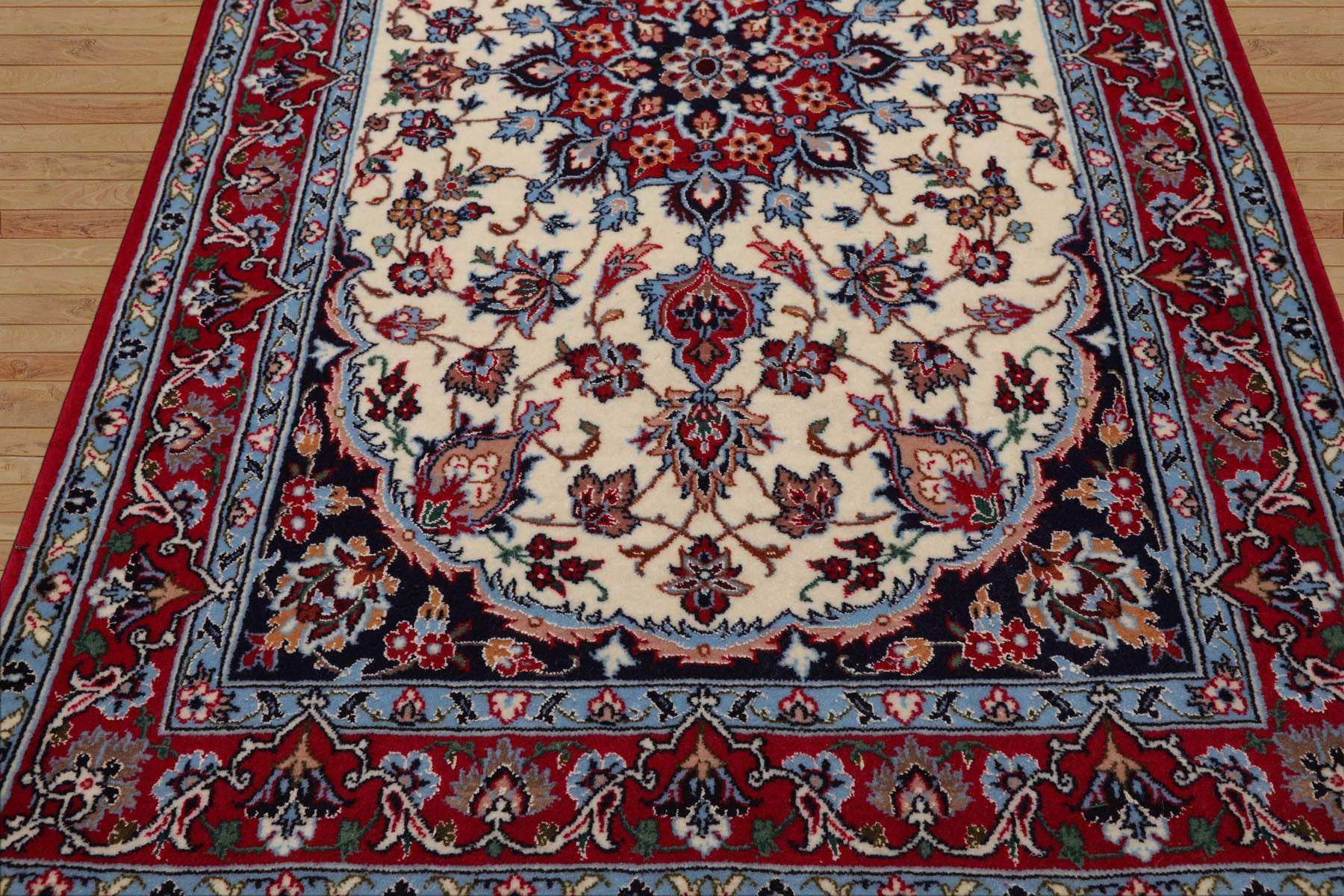 2x3 Ivory, Red, Blue Color Hand Knotted Isfahan Wool & Silk Traditional Oriental Rug