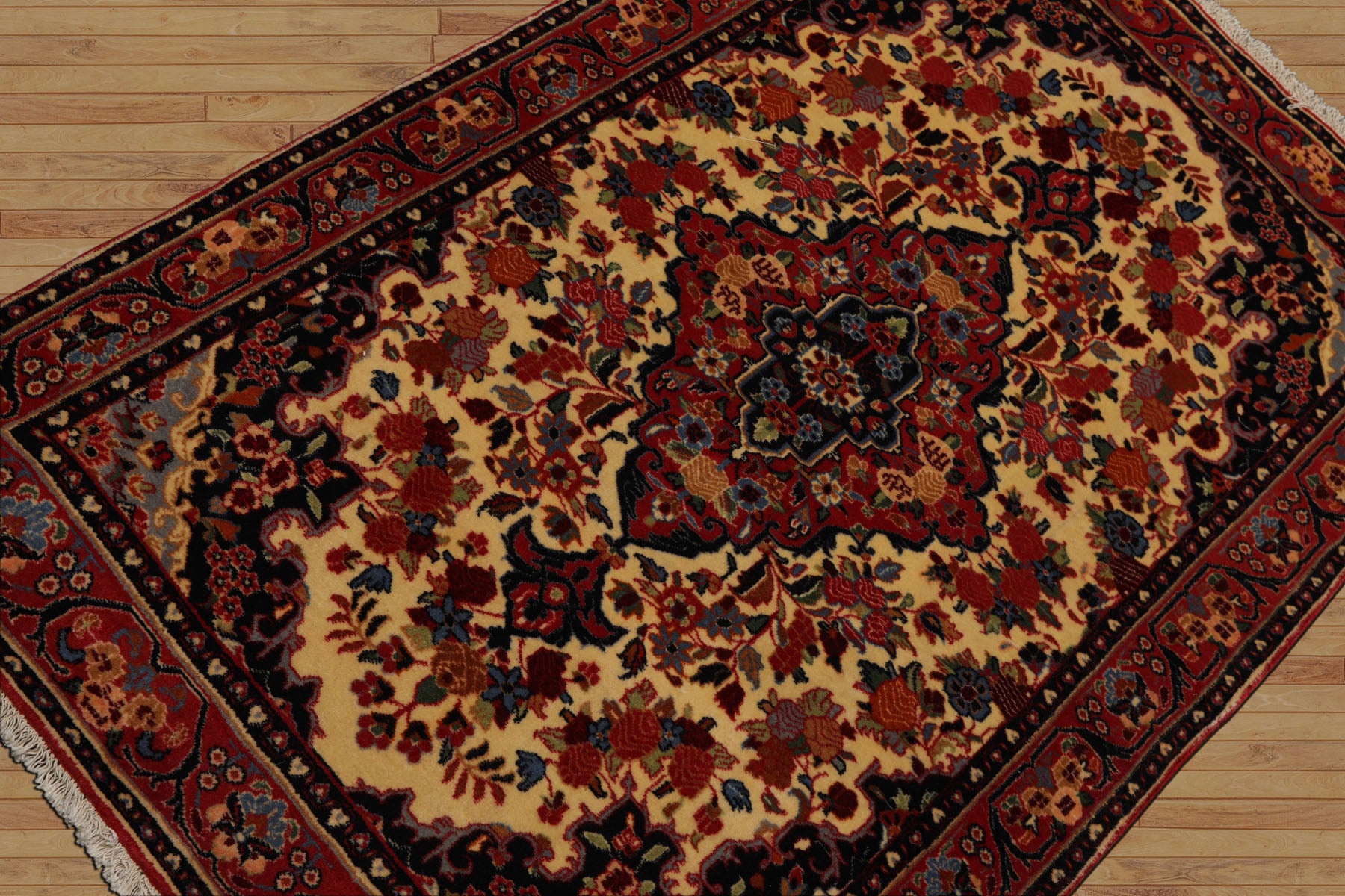 3x5 Ivory, Rust, Navy Color Hand Knotted Sarouk Wool Traditional Oriental Rug