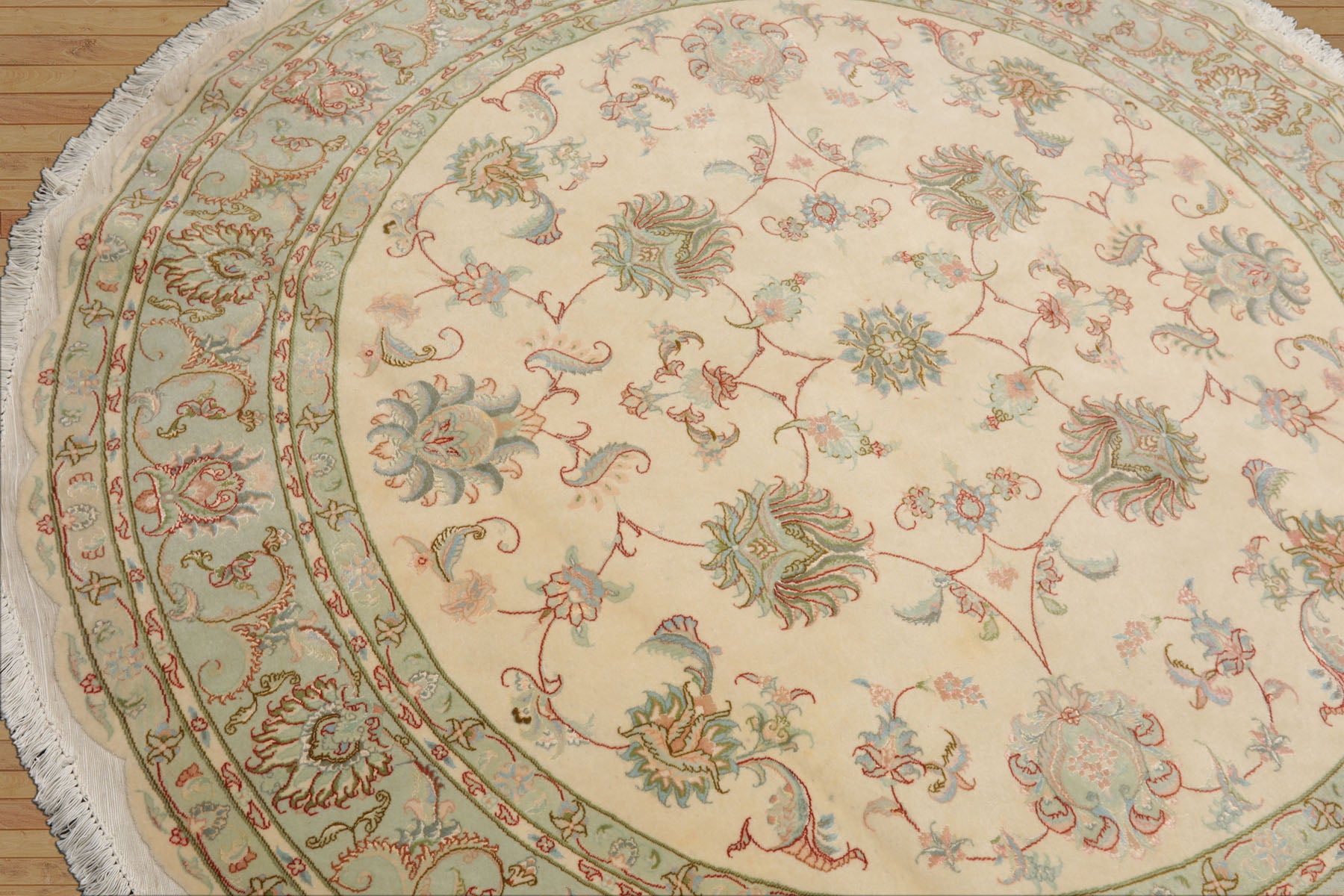 Round Ivory, Mint, Aqua Color Hand Knotted Tabriz Round Wool & Silk Traditional Oriental Rug