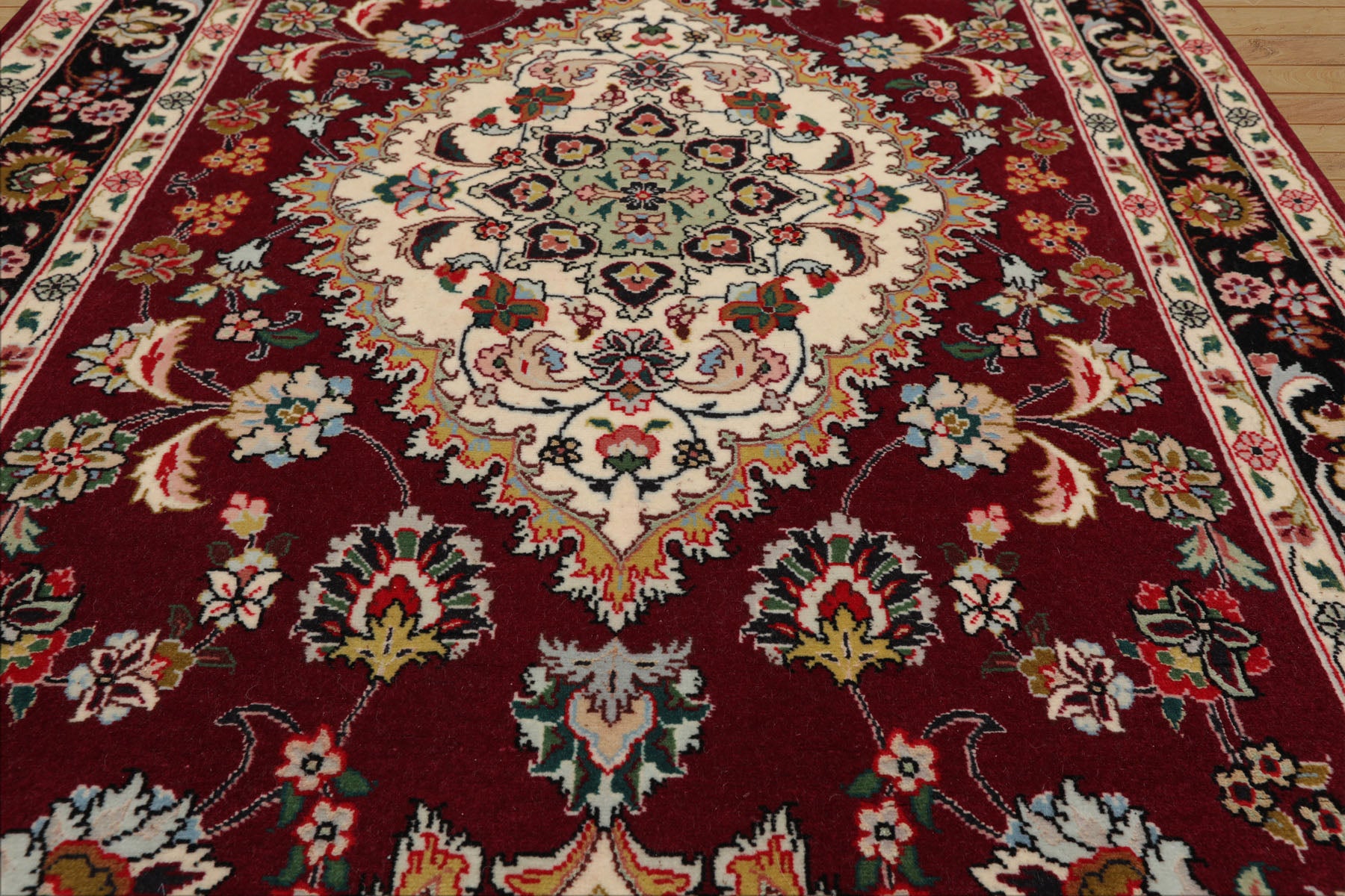 Runner Maroon, Black, Ivory Color Hand Knotted Tabriz Wool & Silk Traditional Oriental Rug