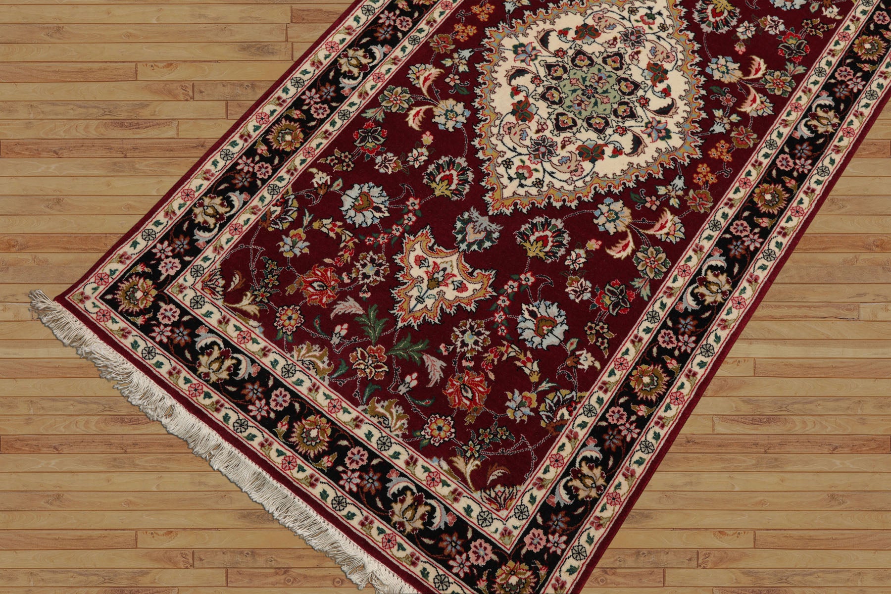 Runner Maroon, Black, Ivory Color Hand Knotted Tabriz Wool & Silk Traditional Oriental Rug