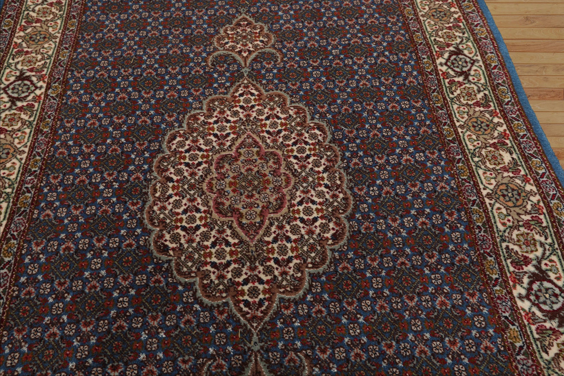 Runner Blue, Ivory, Brown Color Hand Knotted Tabriz Wool & Silk Traditional Oriental Rug