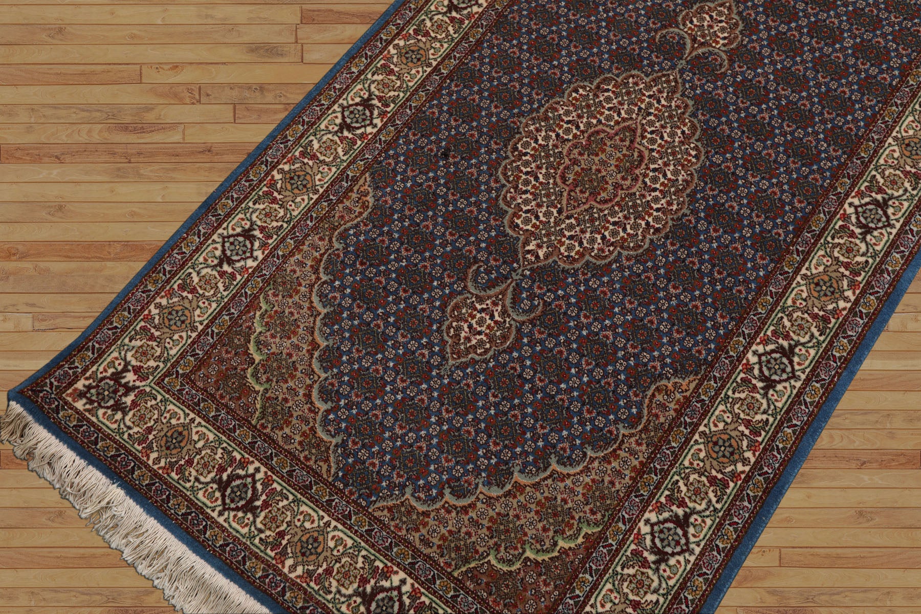 Runner Blue, Ivory, Brown Color Hand Knotted Tabriz Wool & Silk Traditional Oriental Rug
