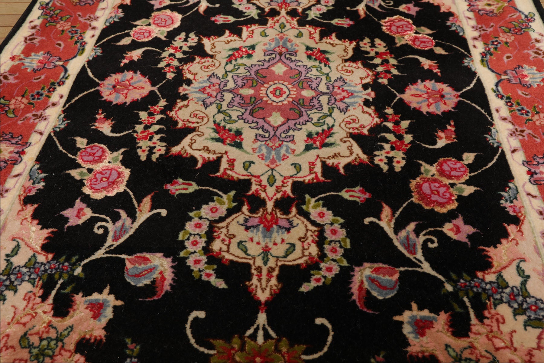 Runner Black, Peach, Coral Color Hand Knotted Tabriz Wool & Silk Traditional Oriental Rug