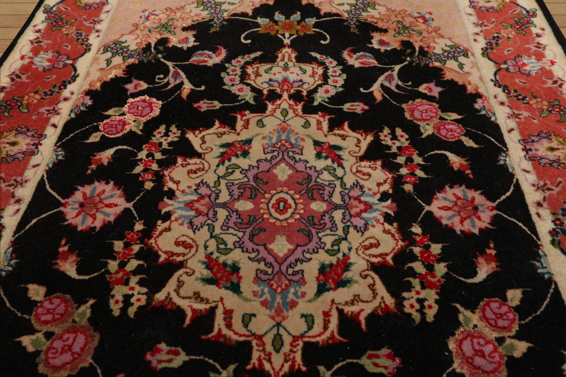 Runner Black, Peach, Coral Color Hand Knotted Tabriz Wool & Silk Traditional Oriental Rug