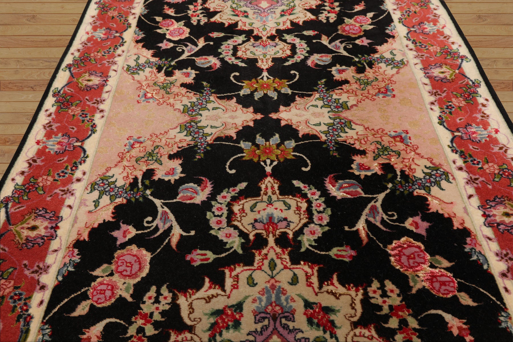 Runner Black, Peach, Coral Color Hand Knotted Tabriz Wool & Silk Traditional Oriental Rug