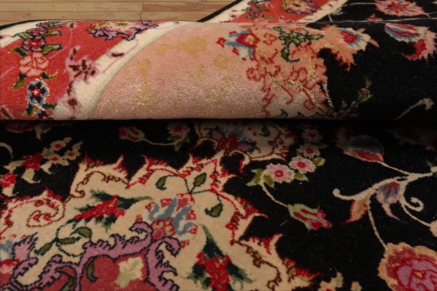 Runner Black, Peach, Coral Color Hand Knotted Tabriz Wool & Silk Traditional Oriental Rug