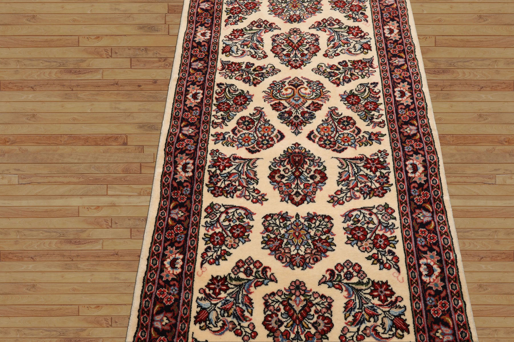 Runner Ivory, Black, Rust Color Hand Knotted Sarouk Wool Traditional Oriental Rug