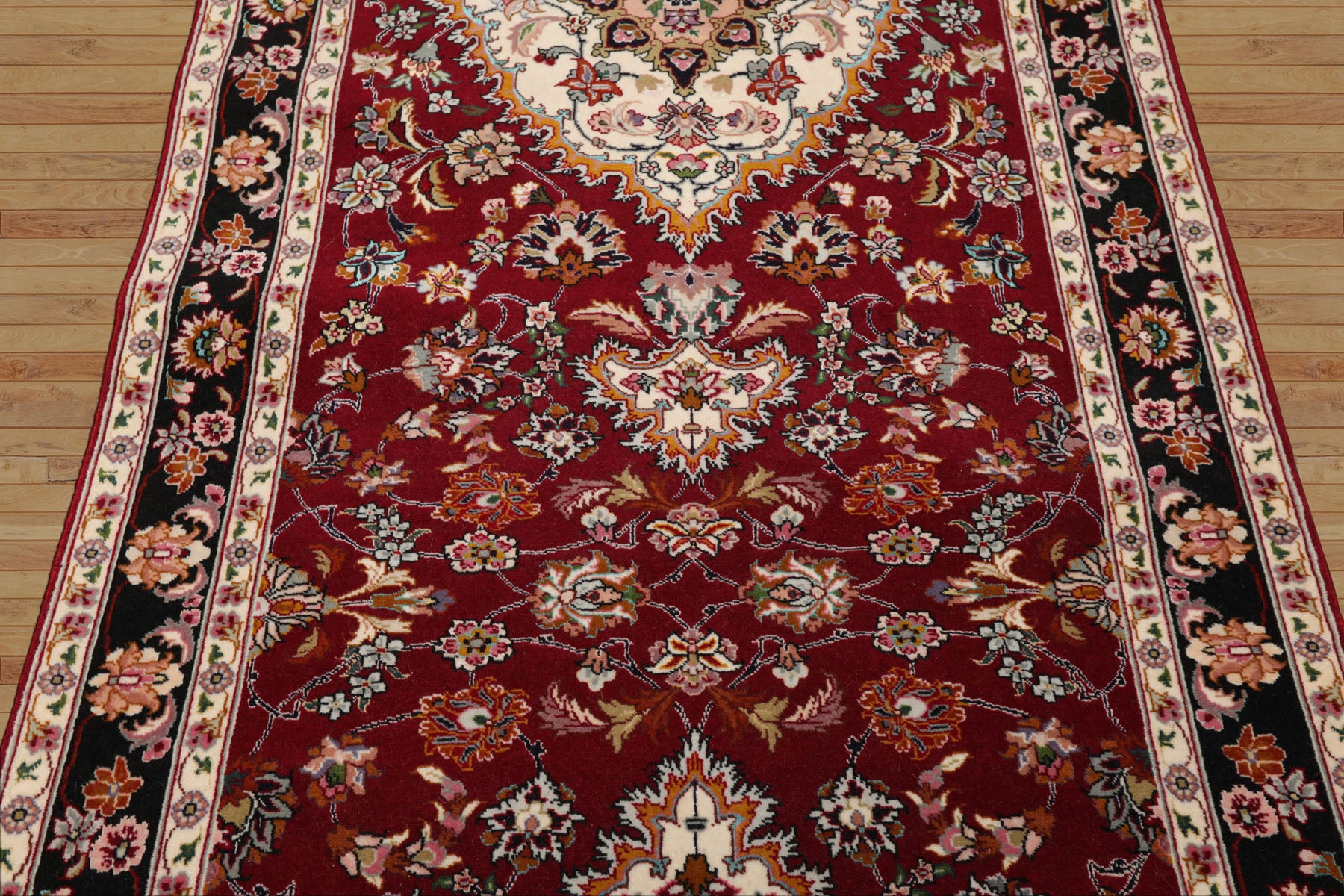 Runner Burgundy, Black, Ivory Color Hand Knotted Tabriz Wool & Silk Traditional Oriental Rug