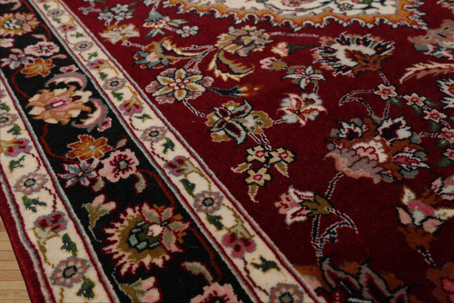 Runner Burgundy, Black, Ivory Color Hand Knotted Tabriz Wool & Silk Traditional Oriental Rug