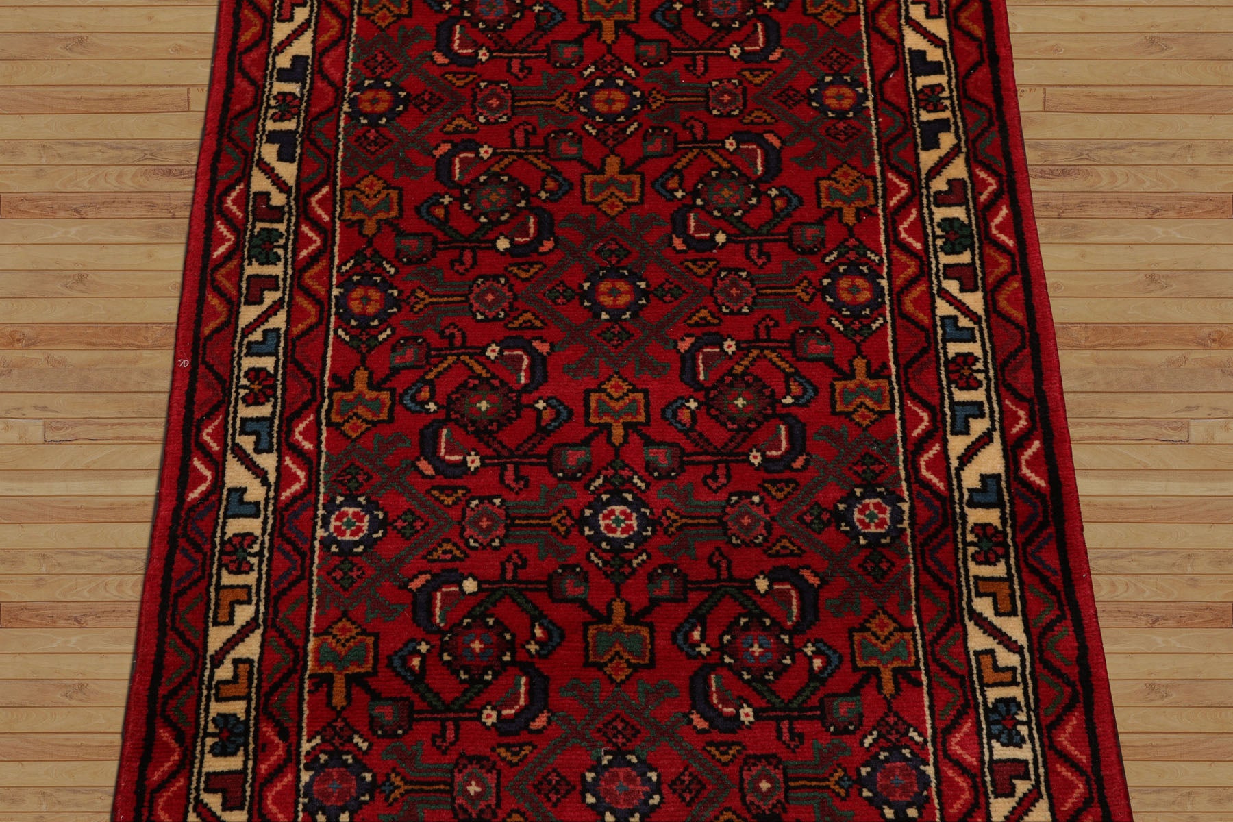 Runner Red, Ivory, Green Color Hand Knotted Hamedan Wool Traditional Oriental Rug