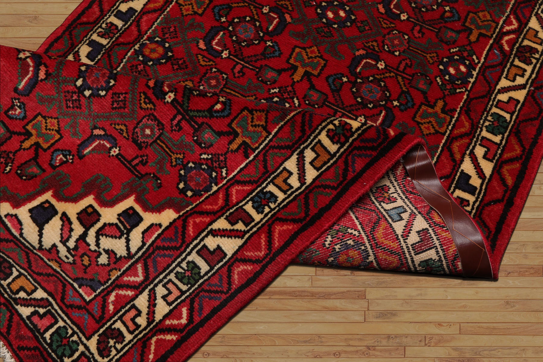 Runner Red, Ivory, Green Color Hand Knotted Hamedan Wool Traditional Oriental Rug