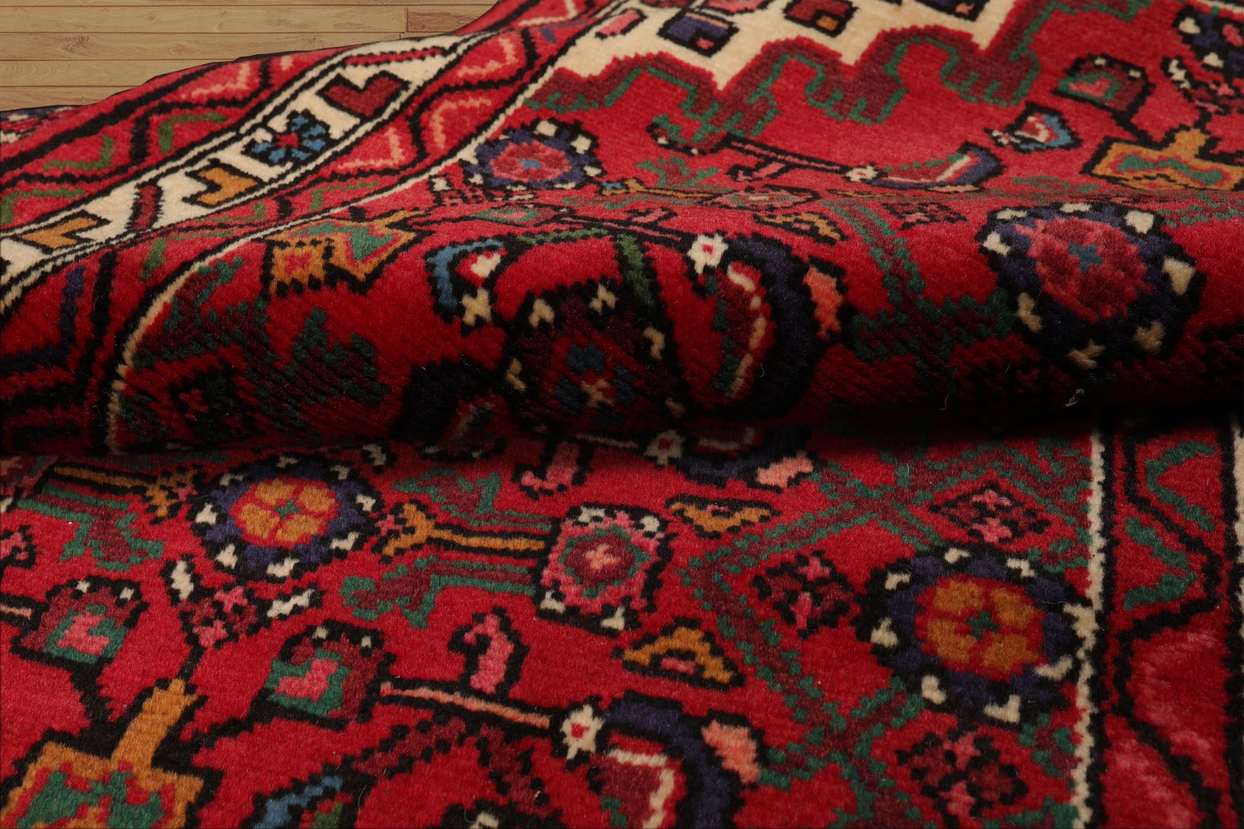 Runner Red, Ivory, Green Color Hand Knotted Hamedan Wool Traditional Oriental Rug