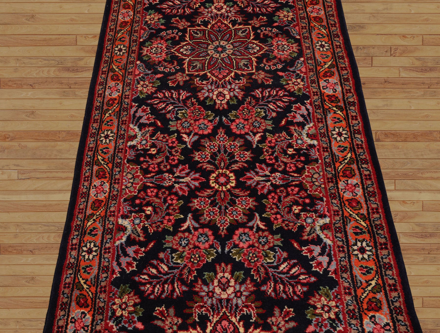Runner Navy, Orange, Ivory Color Hand Knotted Hamedan Wool Traditional Oriental Rug