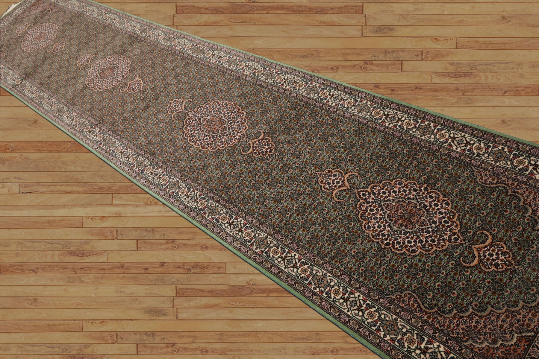 Runner Green, Ivory, Taupe Color Hand Knotted Tabriz Wool & Silk Traditional Oriental Rug