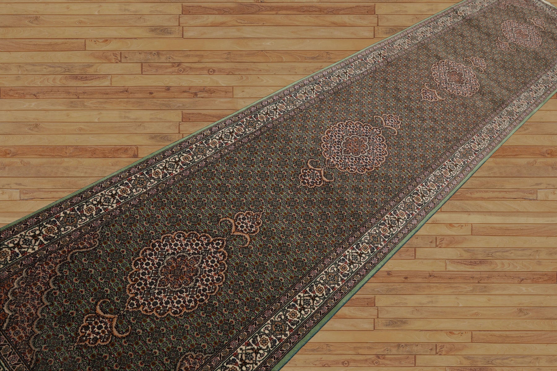 Runner Green, Ivory, Taupe Color Hand Knotted Tabriz Wool & Silk Traditional Oriental Rug