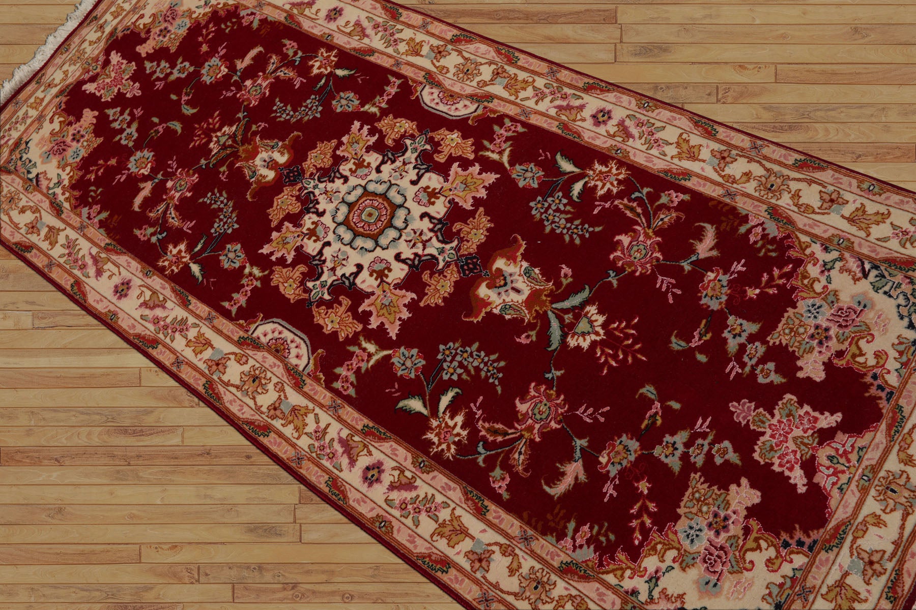 Runner Fuschia, Ivory, Pink Color Hand Knotted Tabriz Wool & Silk Traditional Oriental Rug