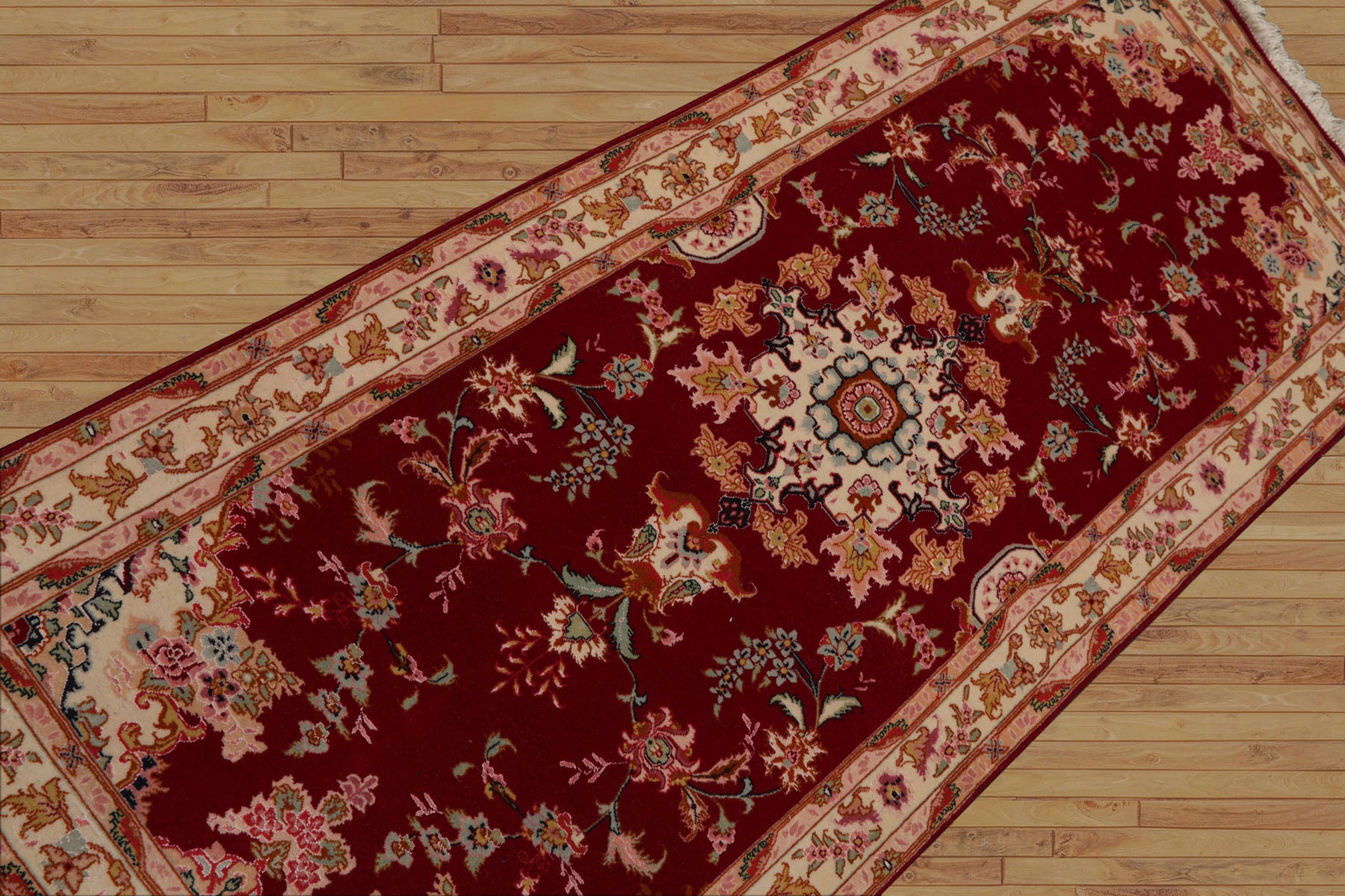 Runner Fuschia, Ivory, Pink Color Hand Knotted Tabriz Wool & Silk Traditional Oriental Rug