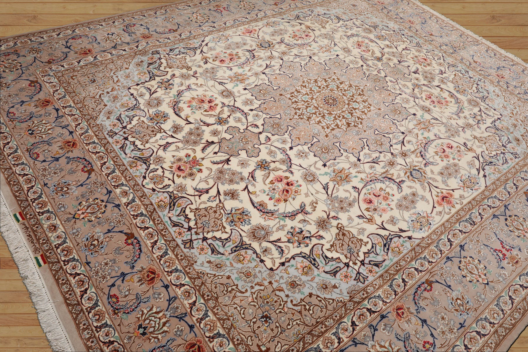 8x10 Ivory, Taupe, Navy Color Hand Knotted Isfahan Wool & Silk Traditional Oriental Rug