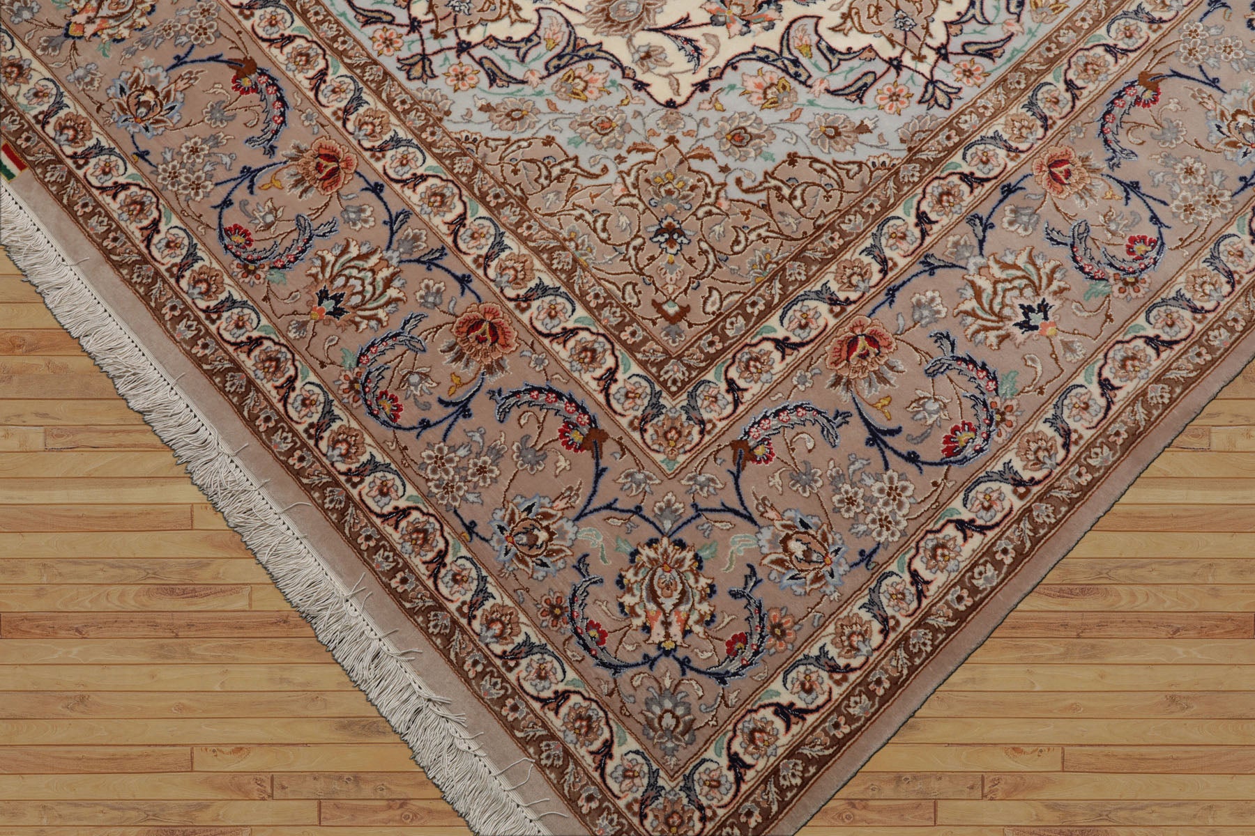 8x10 Ivory, Taupe, Navy Color Hand Knotted Isfahan Wool & Silk Traditional Oriental Rug
