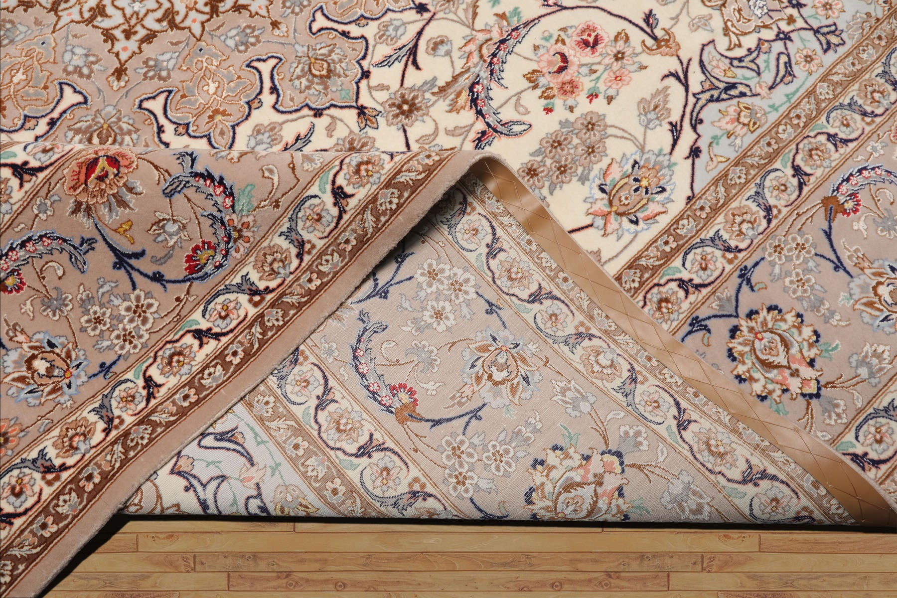 8x10 Ivory, Taupe, Navy Color Hand Knotted Isfahan Wool & Silk Traditional Oriental Rug