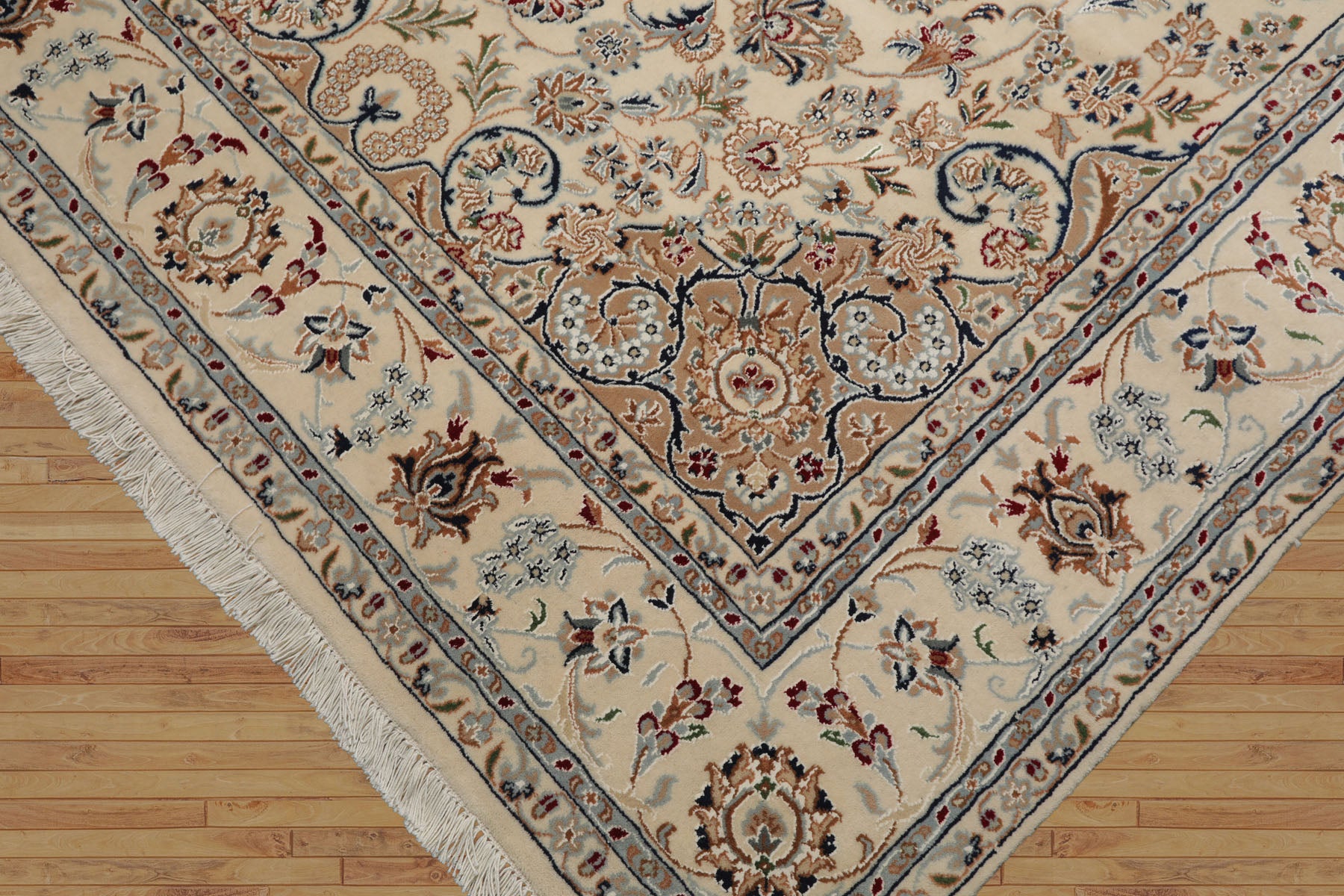 6x9 Ivory, Tan, Navy Color Hand Knotted Nain Wool & Silk Traditional Oriental Rug