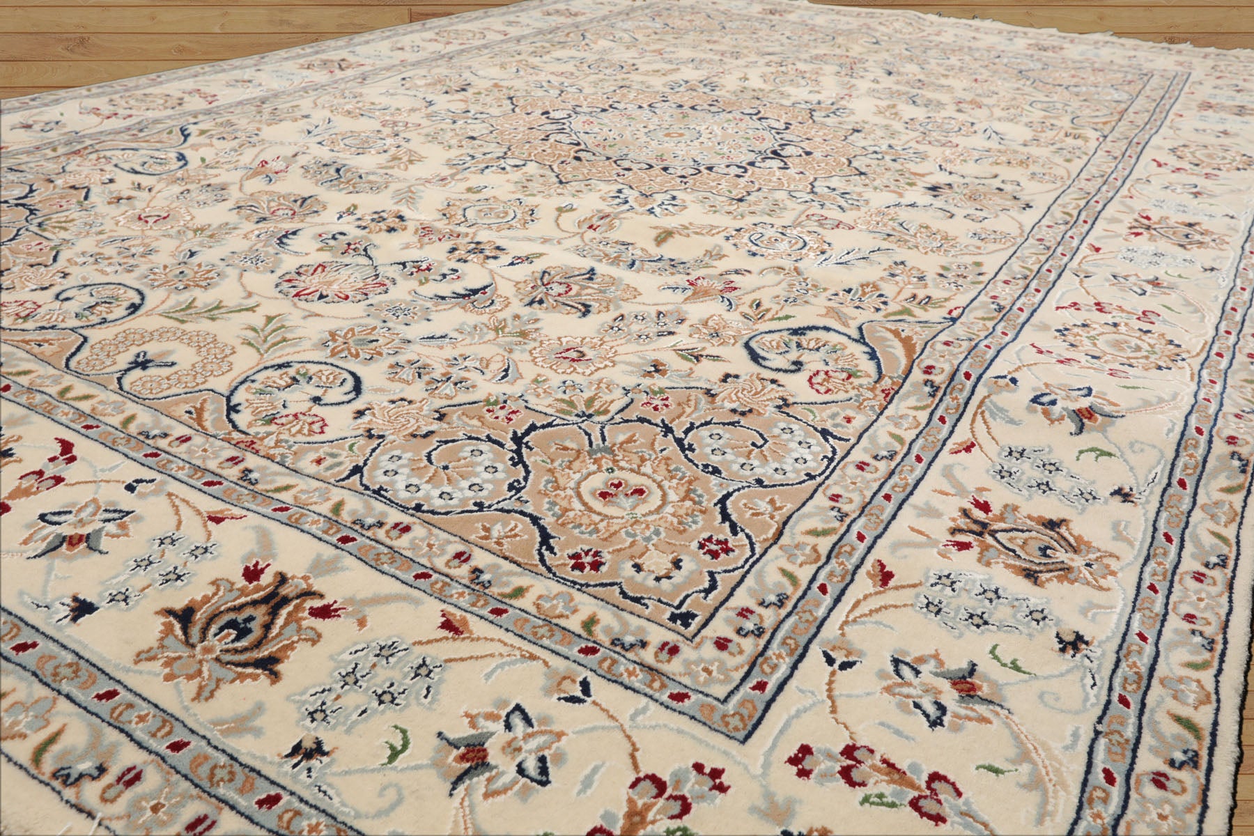 6x9 Ivory, Tan, Navy Color Hand Knotted Nain Wool & Silk Traditional Oriental Rug