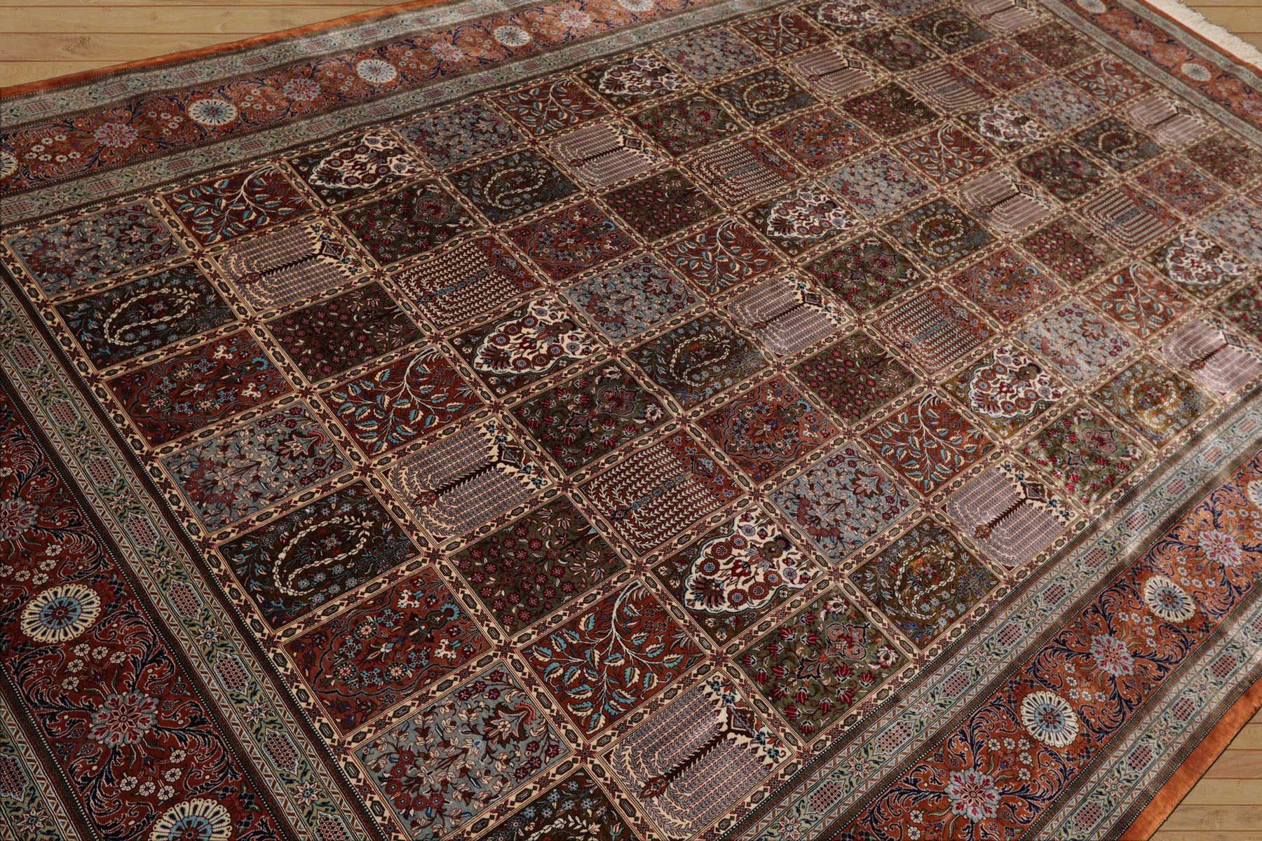 7x10 Caramel, Ivory, Green Color Hand Knotted Qum All Silk Silk Traditional Oriental Rug