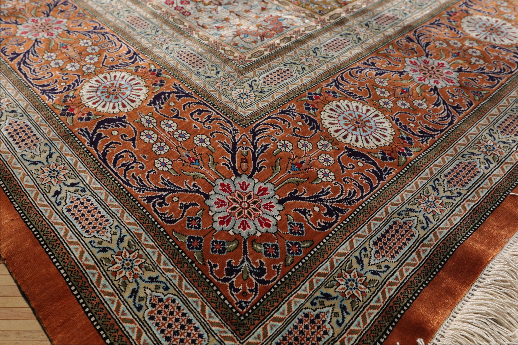 7x10 Caramel, Ivory, Green Color Hand Knotted Qum All Silk Silk Traditional Oriental Rug